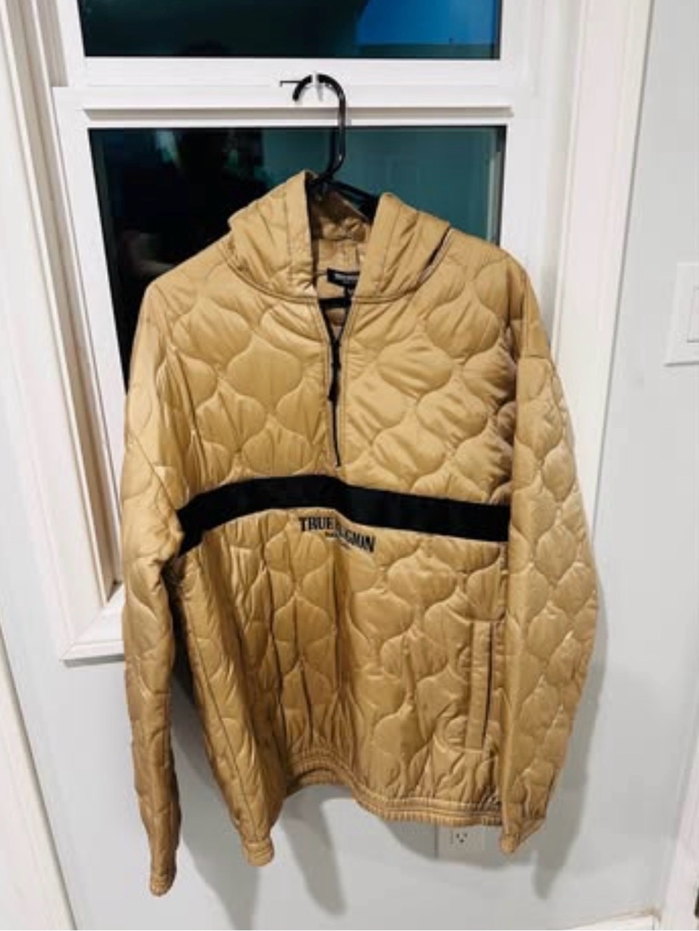 Brand New True Religion Tan Quilted Hooded Pullover with Black Chest Band